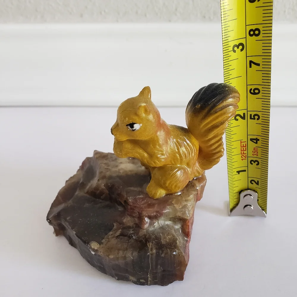 Vintage Squirrel Figurine on Natural Stone Base Ceramic Resin Collectible Decor